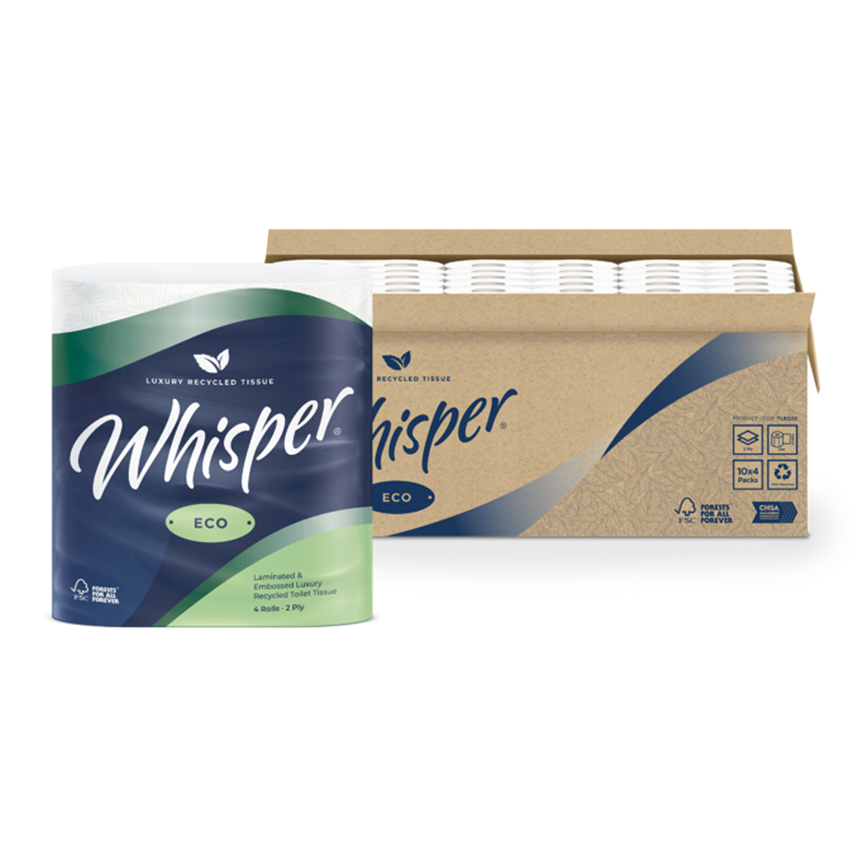 Whisper eco 2 ply toilet roll plastic free 4 pack (10 x 4 rolls) - 40 rolls