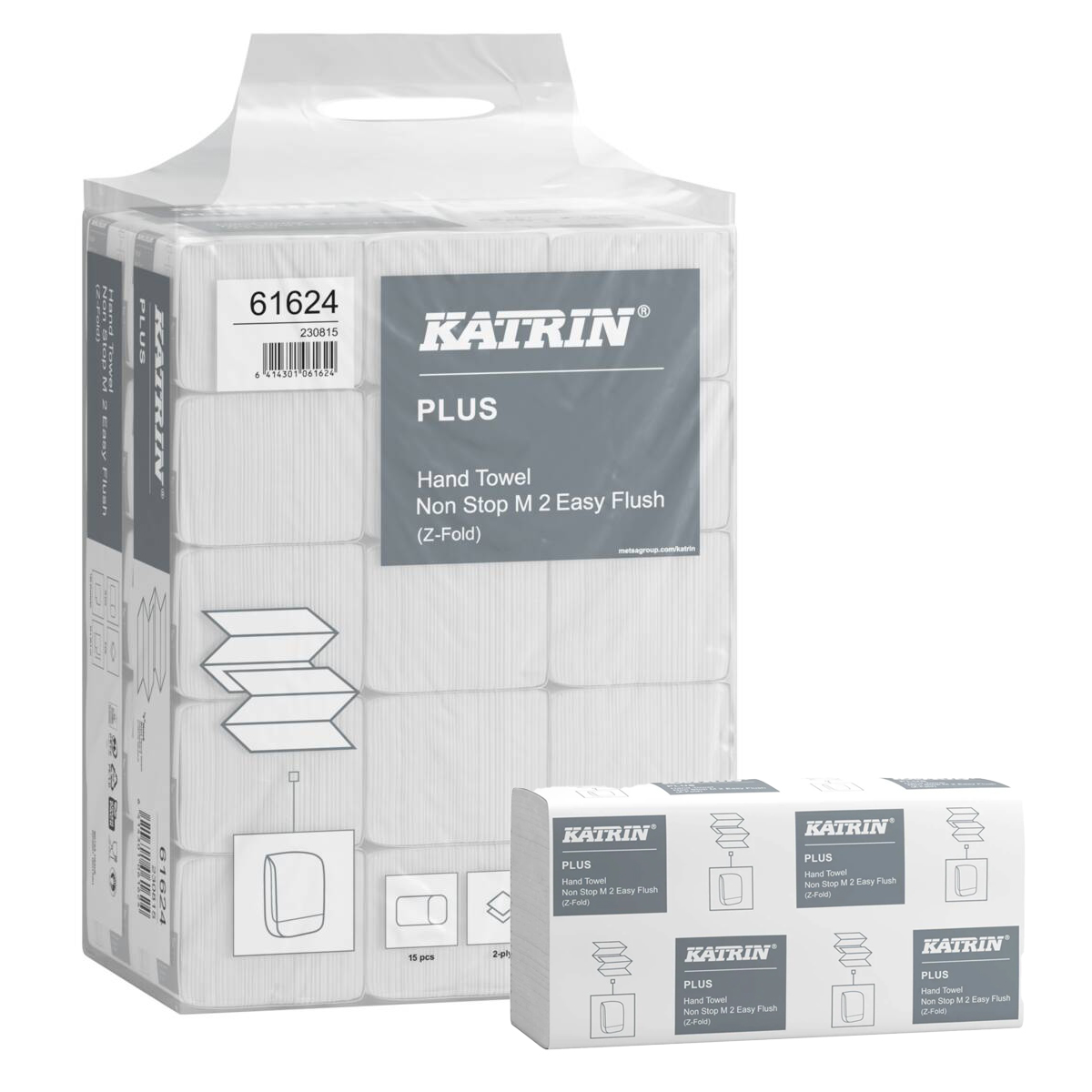 Katrin plus z-fold paper towels non-stop easyflush 160 sheets 2-ply handy pack - 2400 sheets per case
