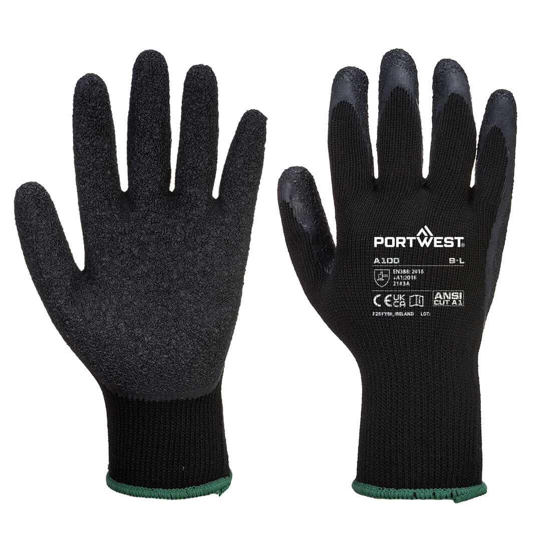 Portwest a100 latex grip glove - black - large