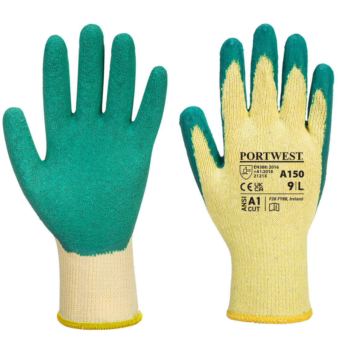 Portwest a150 classic grip latex glove pair - green - large