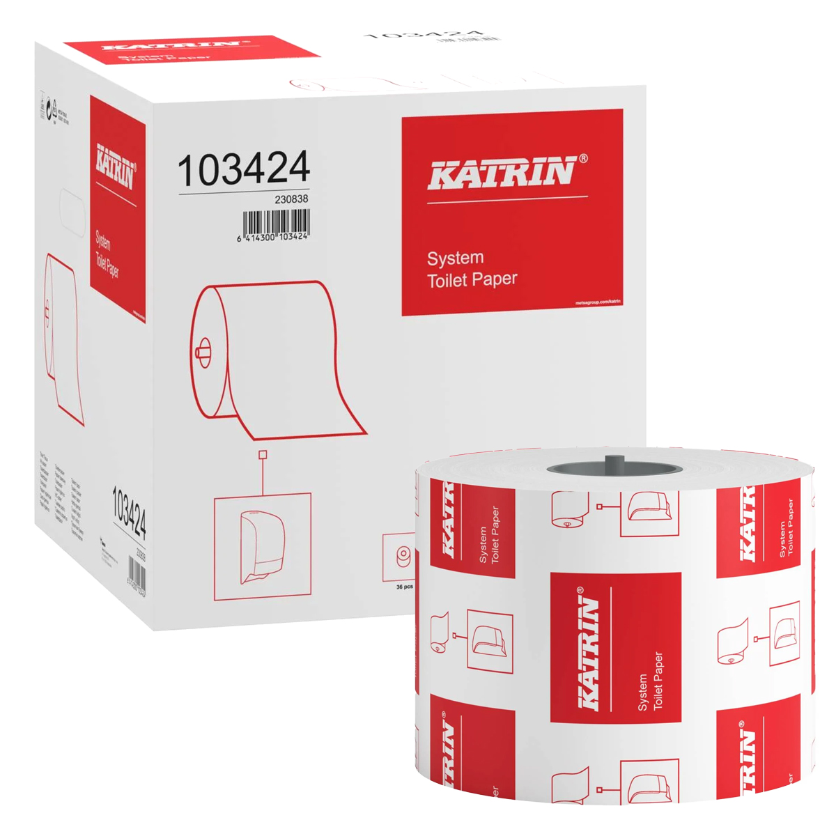 Katrin dispenser toilet paper roll system 800 sheets 2-ply - pack of 36