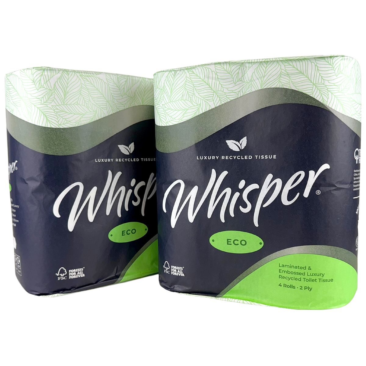 Whisper eco 2-ply toilet roll plastic free 4 pack (4 rolls x 10) - 40 rolls